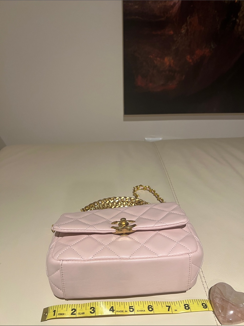 CHANEL Pink Quilted Mini Flap Bag with Gold & pink chain with pink rhinestones. - Picture 5 of 8